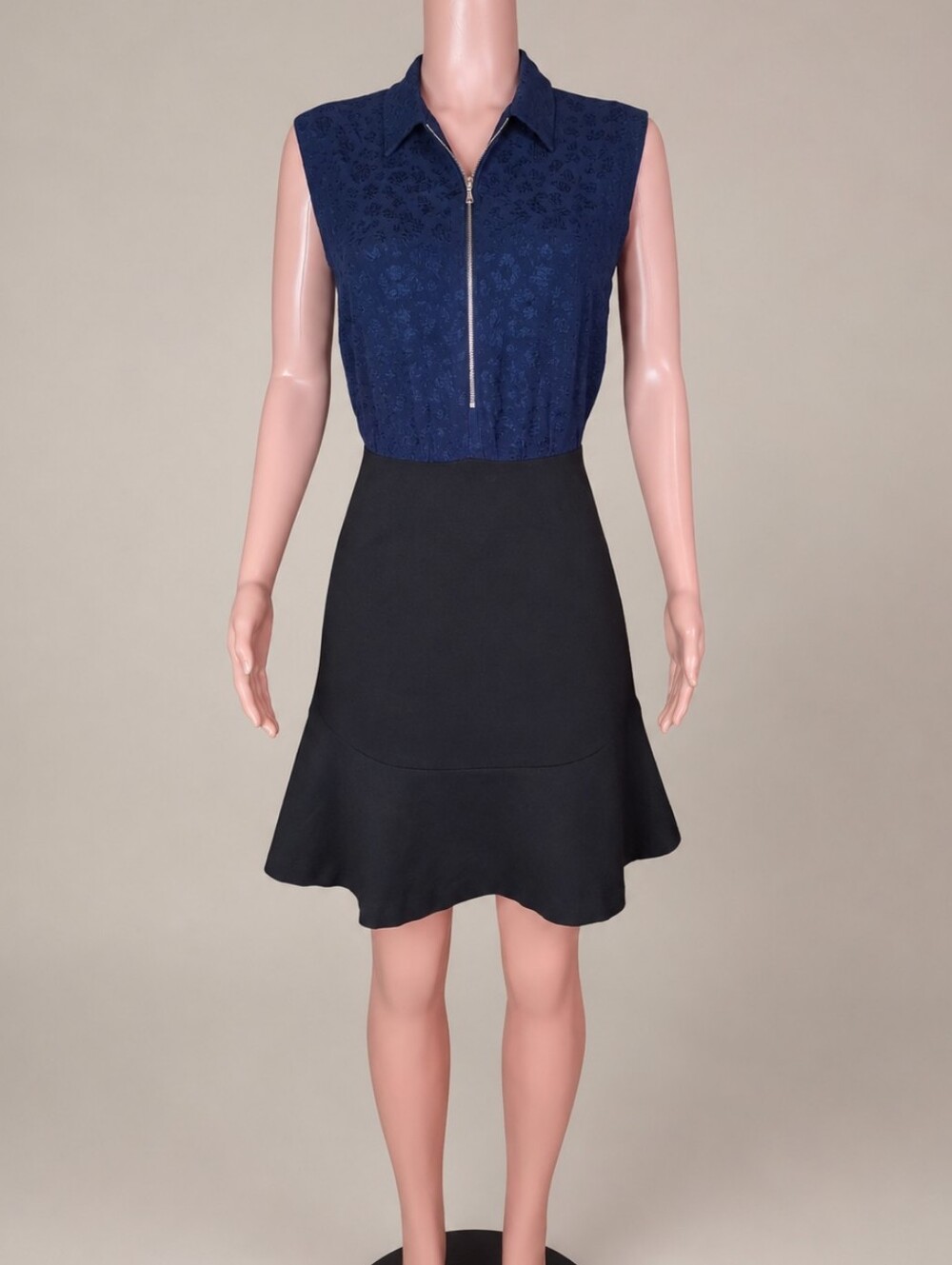 Sandro Raison Marine Navy Blue Jaquard Black Flared Dress 3 (8)